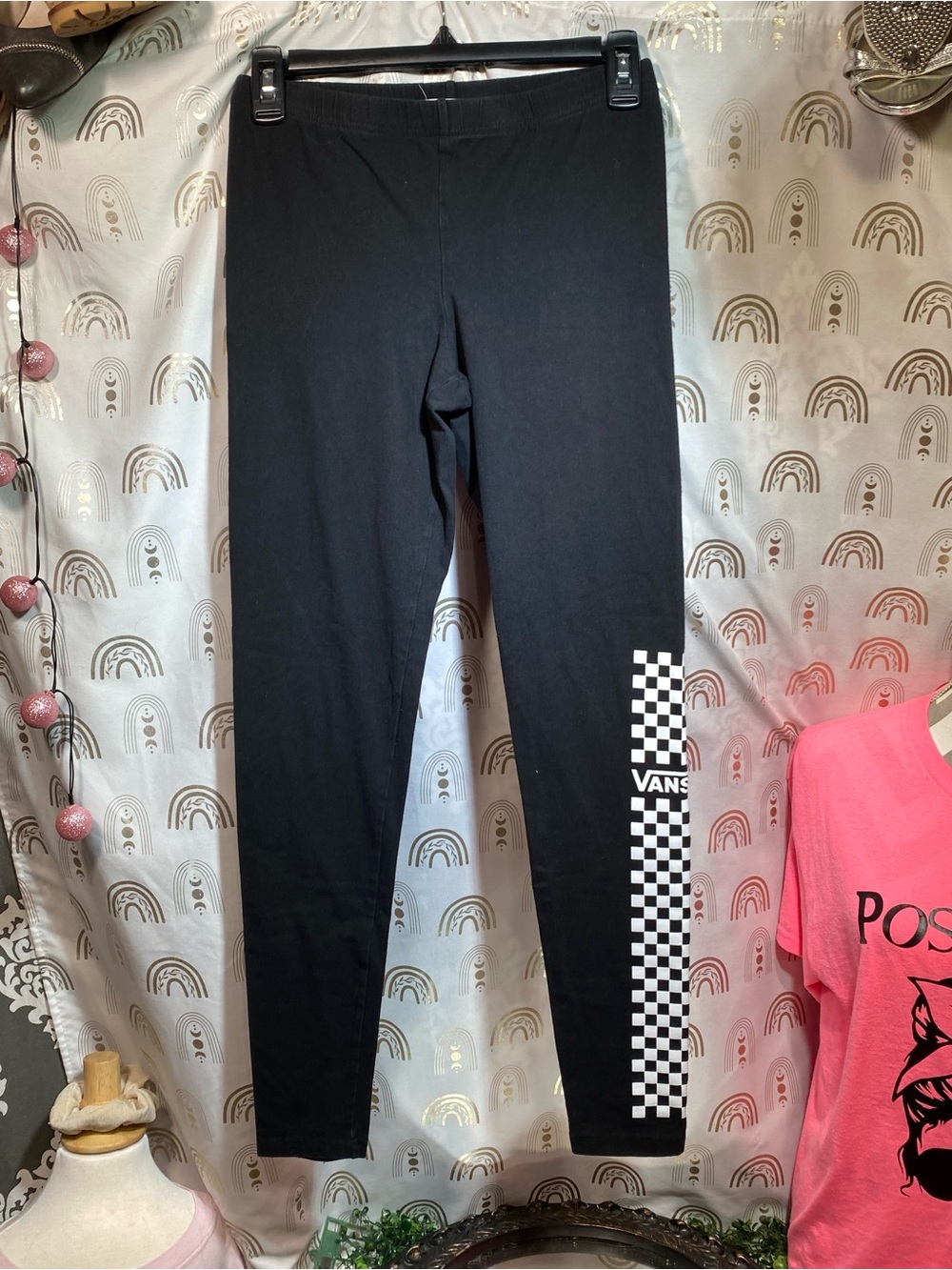 Vans Black Leggings with White Checkerboard Side Print